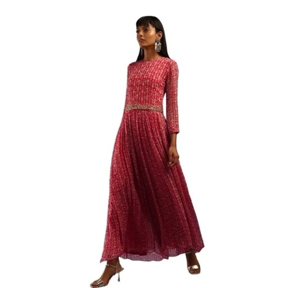 Kalki Pants - Final Sale! Kalki women's jumpsuit red white beaded flowy long sleeve back zip s